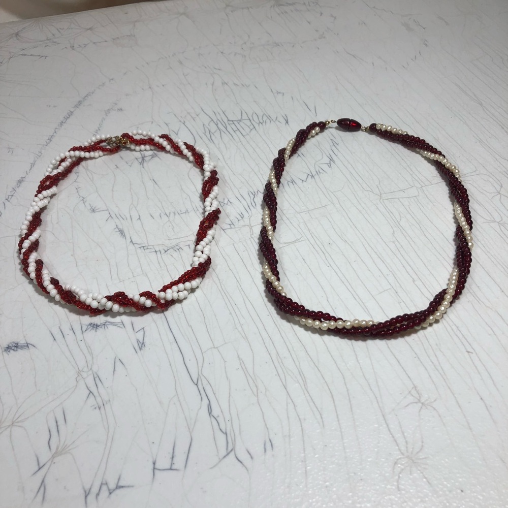 Vintage Beaded Necklace Chokers Custom Jewelry Red and White, Ruby and White